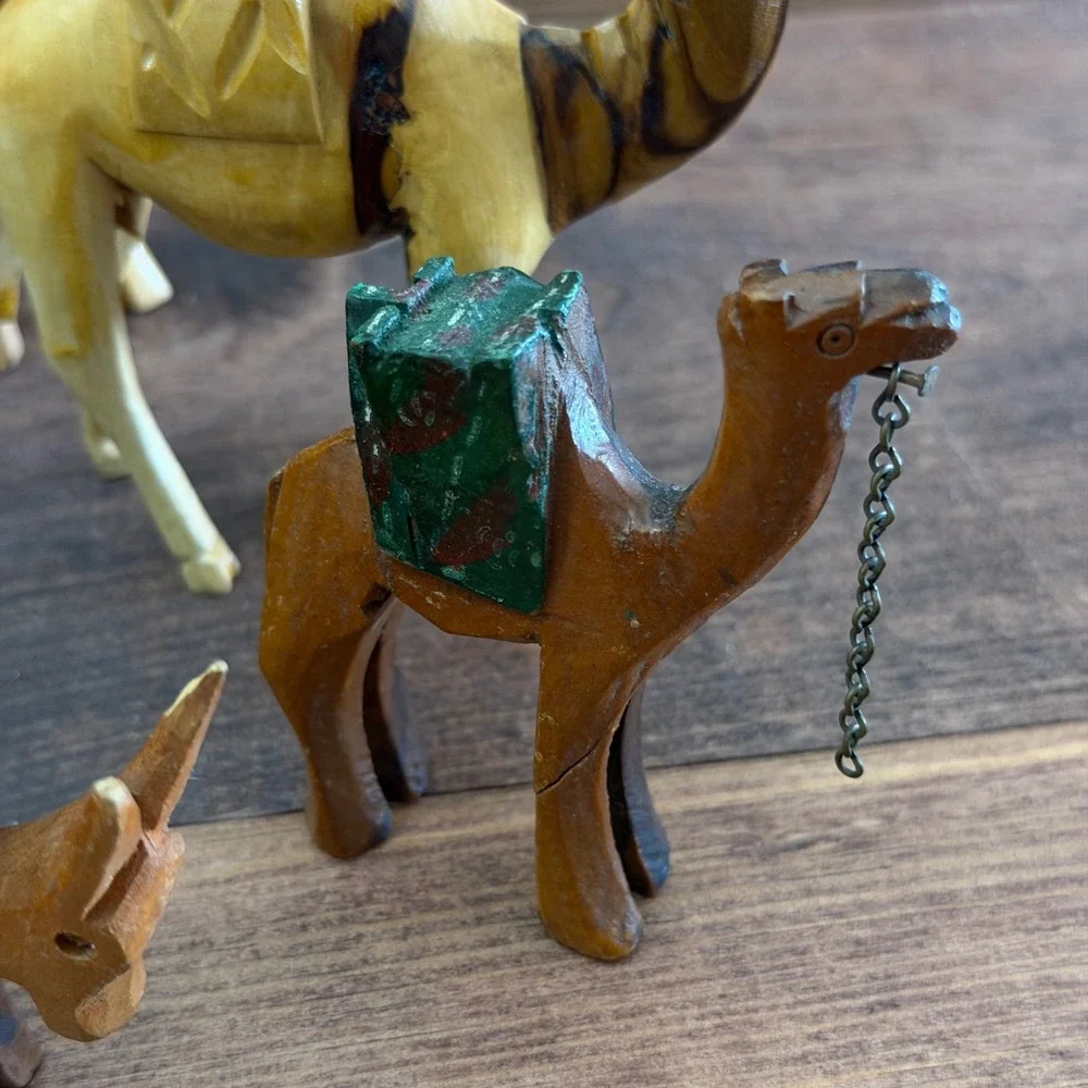 Vintage Hand Carved Olive Wood Nativity Animal Figurines Set of 5 Camels Donkey